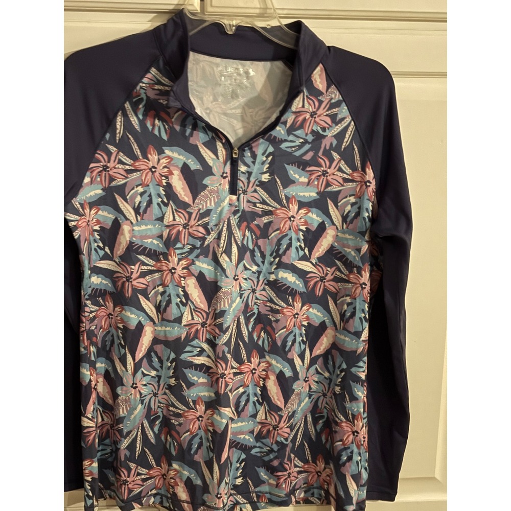 Reel Legends Womens Reel-Tec Floral Quarter Zip Rash Guard Sun Shirt Navy Blue M